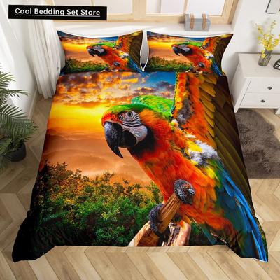 Parrot King Queen Duvet Cover Colourful Feather Bedding Set Rain Trees Bird Quilt Cover Sunset Mountain Natural Comforter Cover