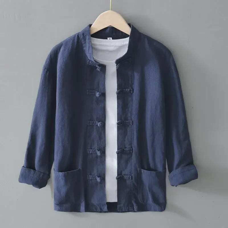 Men's Long-Sleeve Chinese Retro Ramie Shirt - Tang-Style Cotton Linen Jacket for Spring/Summer