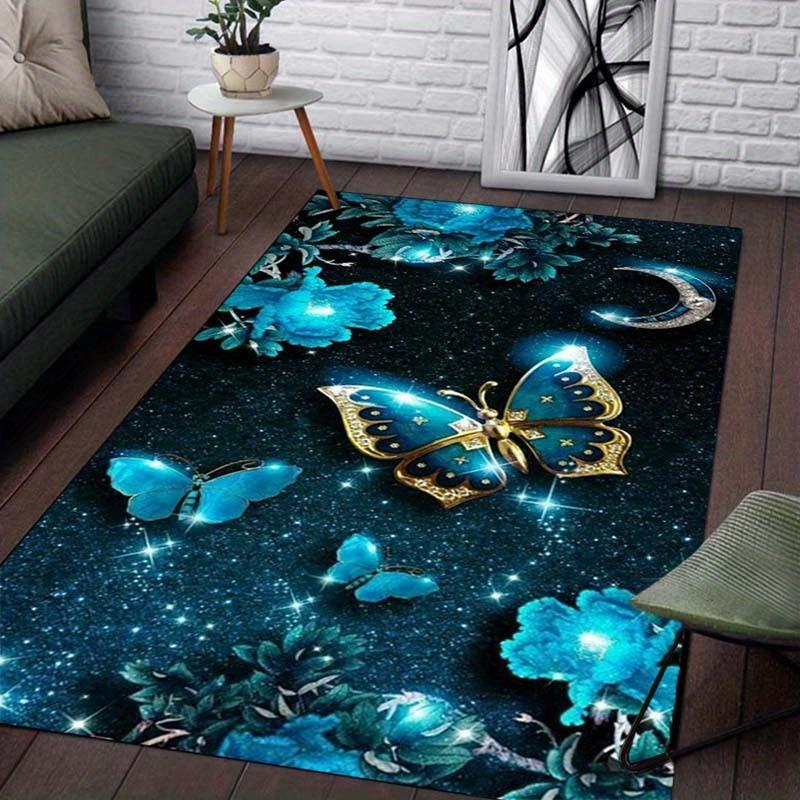 Stunning Blue Butterfly GalaxyRug for Living Room Decor3D Floral Carpet with Moon Design Home Accessories Skid resistant carpet