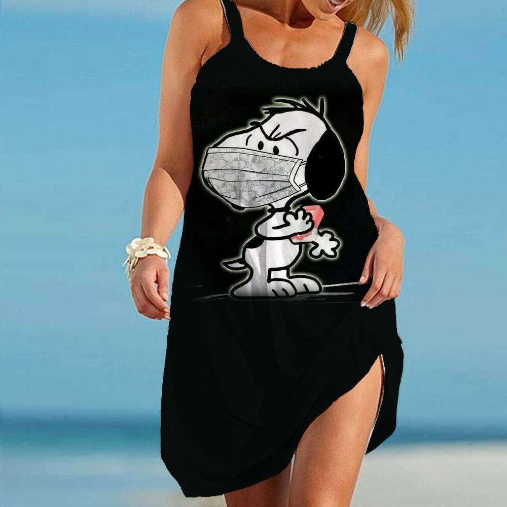 Women's Beach Dresses Kawaii Snoopy S-3XL Summer Anime Y2k Elegant Chic Dress Sling Leisure Sanrio Boho Fashion Sexy Wear