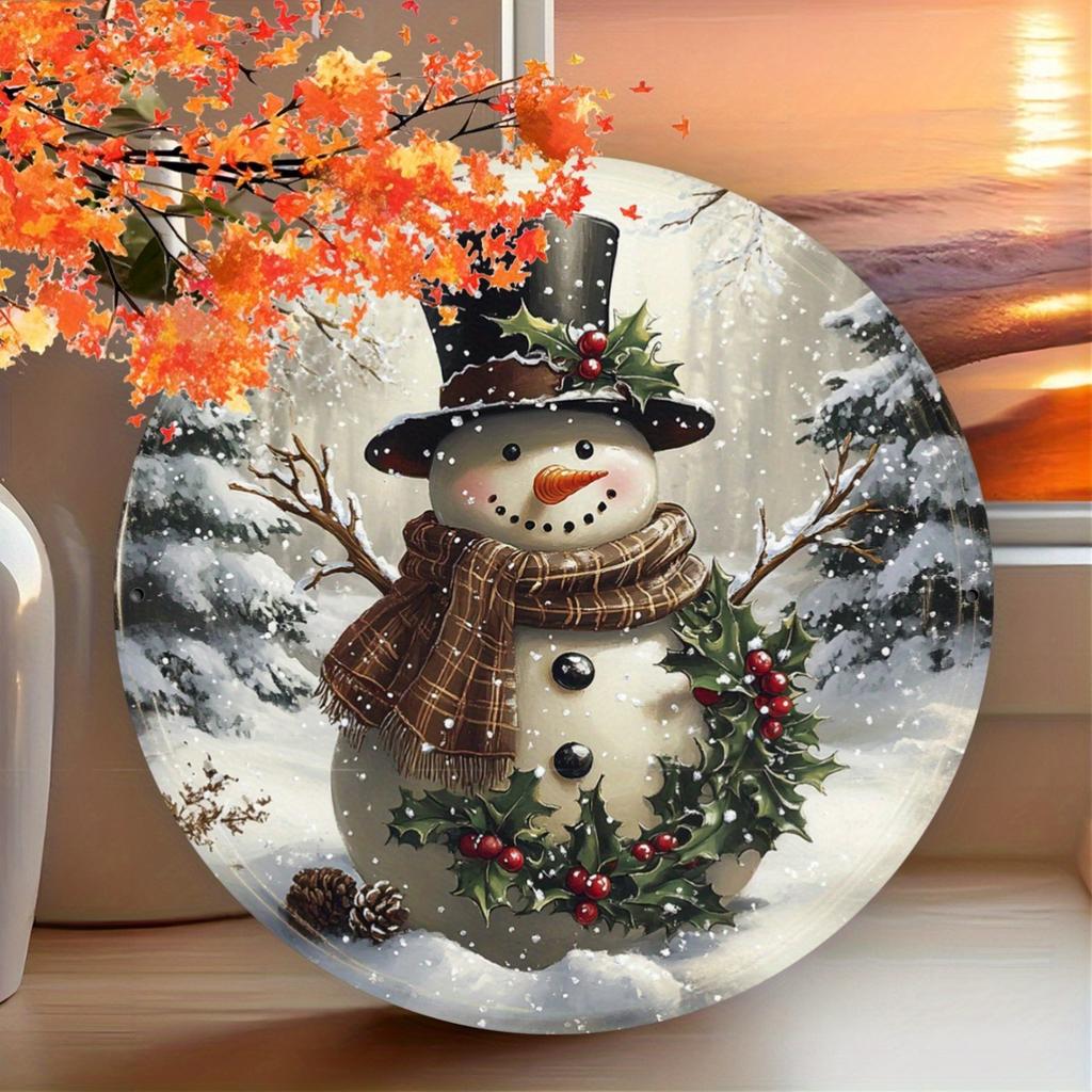 Cozy Christmas Snowman with Top Hat and Holly Round Metal Sign D Flat Printed Plaid Scarf Winter Scene Art Tin Plaque Rustic