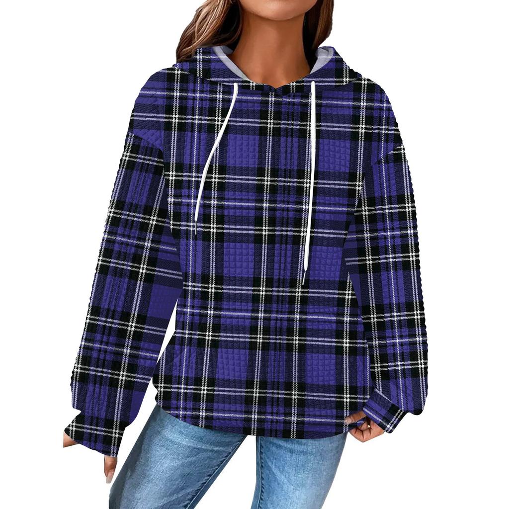 Damenmode Lockerer Kapuzenpullover Langarm Kariertes Sweatshirt mit Kordelzug Überschnittene Schultern und Tasche Print Top