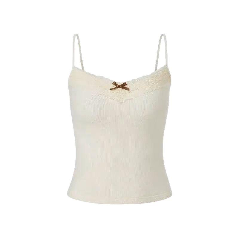 Bow Lace Spaghetti Strap Camisole Women Padded Backless Crop Tank Top