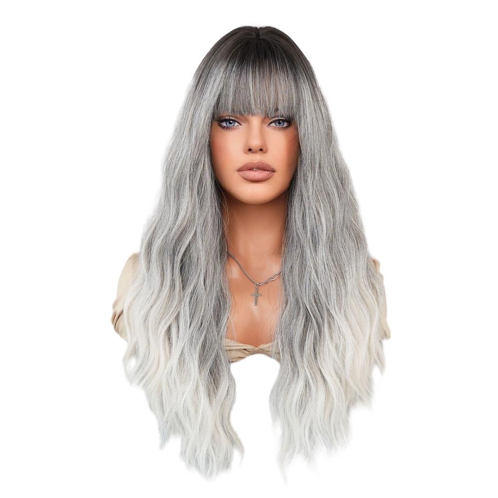 New Ladies Wig Simulation Wig 65cm Hair Gray Wig Big Wave Wig Full Headgear Rose Hair Net Headdress Beauty Decoration Wig