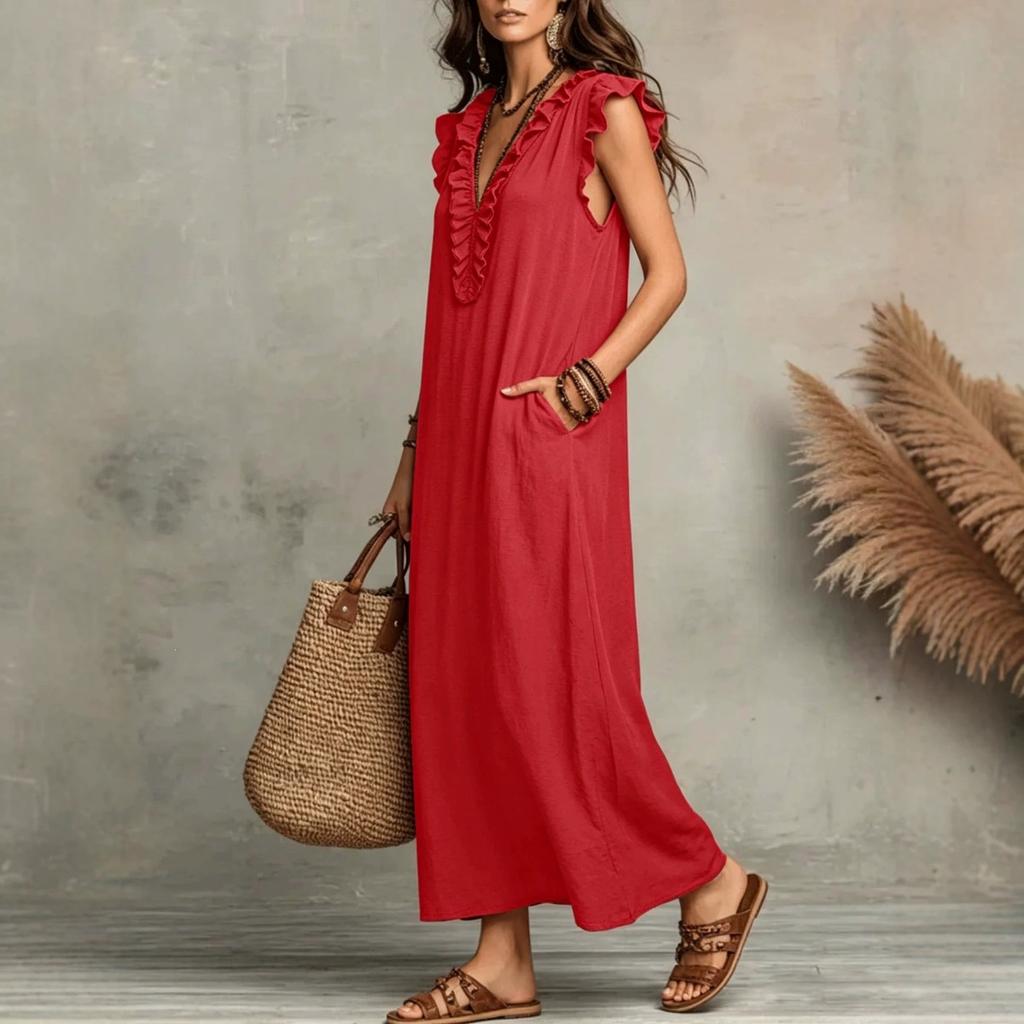 Plus Size Solid Color V Neck Ruffle Trim Sleeveless Casual Long Beach Dress for Women Summer Beachwear