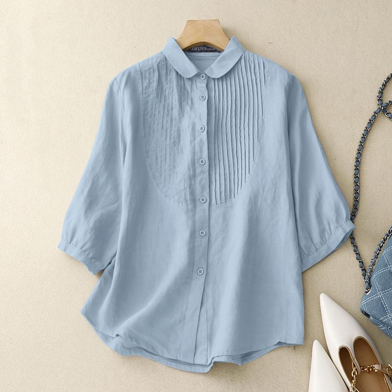 

ZANZEA Женская повседневная однотонная свободная блузка на пуговицах с коротким рукавом 5XL синий