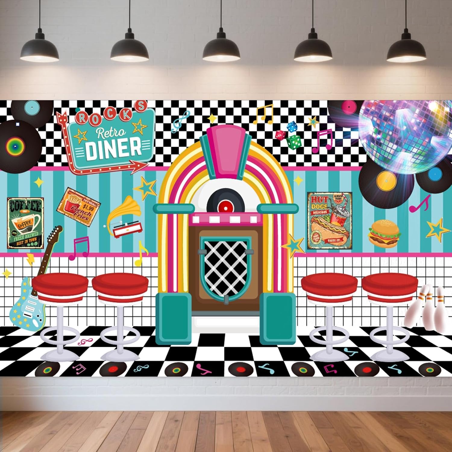 Large 50s Retro Diner Party Banner 1950s Theme Backdrop 50s Themed Party Decorations for 1950s Sock Hop Party Supplies 50 s Parties Celebrations