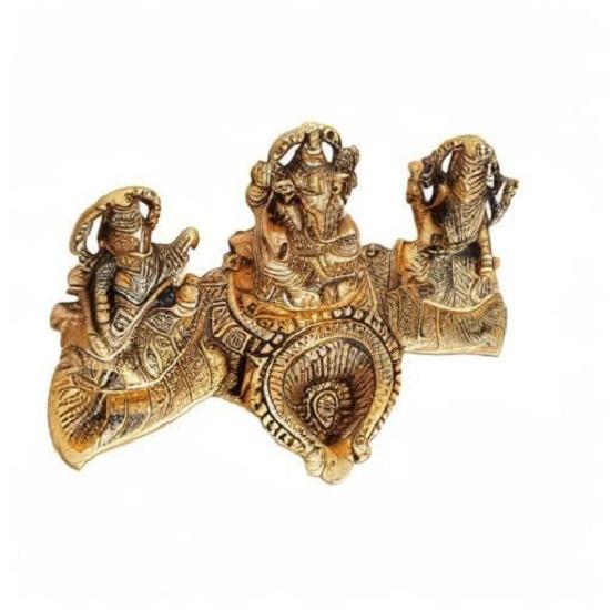 God Idols for Pooja | Metal Antique Ganesh laxmi Saraswati Sculpture Murti for Home Decor | Decorative Platter with Diya Ganpati