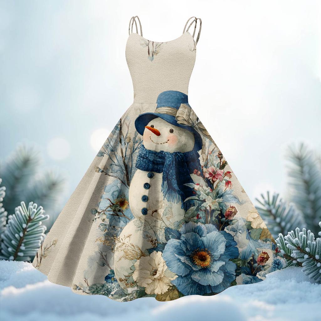 Women's Christmas Print Casual Fashion Round Neck Mid-Length Dress