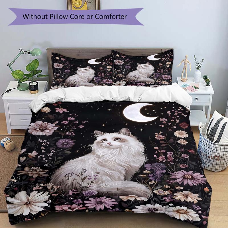 

3pcs Starry Sky and White Cat Printed Duvet Cover Set (1 * Cover+2 * Pillowcase, Without Core), Suitable for Home Bedroom, Guest Room, Dormitory 135x200cm
