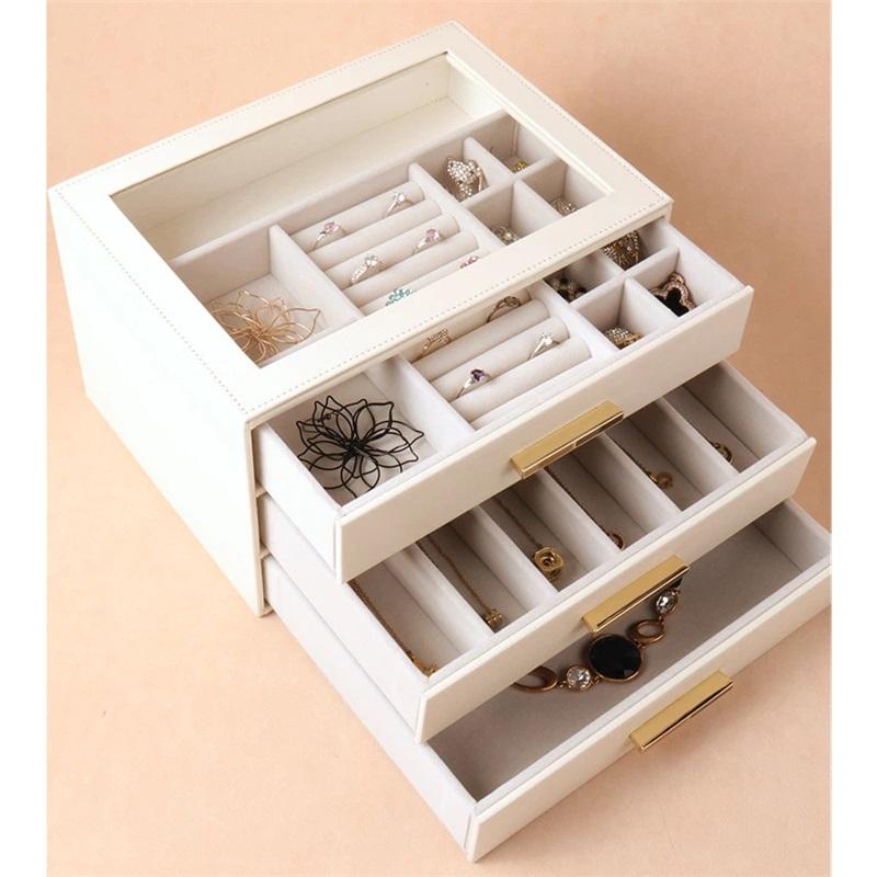 3-Layer Drawer Jewelry Box With Glass Lid, PU Leather Large Capacity Jewelry Organizer Storage Case For Earrings, Necklaces, Rings, Bracelets