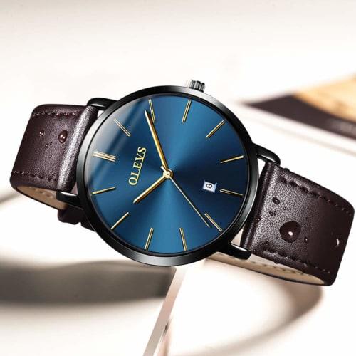 OLEVS Watch Men's Simple Stylish Ultra Thin Lightweight Classic Analog Watch Business Waterproof Leather Strap watch for men