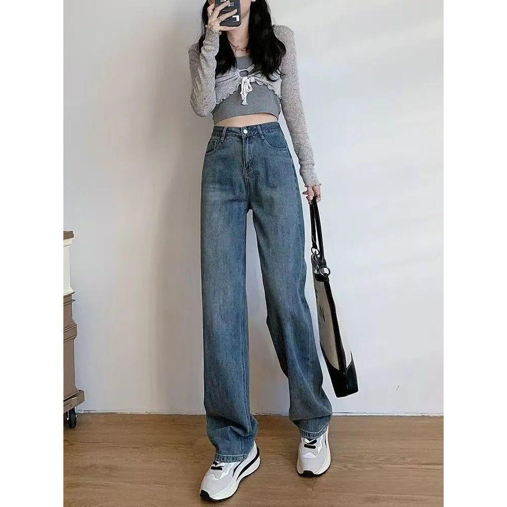 

Women s Fleece-Lined Straight-Leg Jeans, Casual, Versatile, Floor-Length, Thickened for Autumn and Winter, Loose Fit, Narrow Version, Wide-Leg. L 100-120 kg