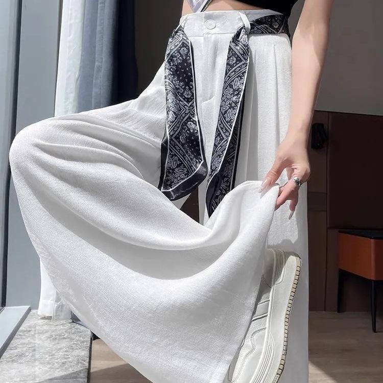 Women's Summer Wide-Leg High Waist Pants with Draped Silk Scarf Belt