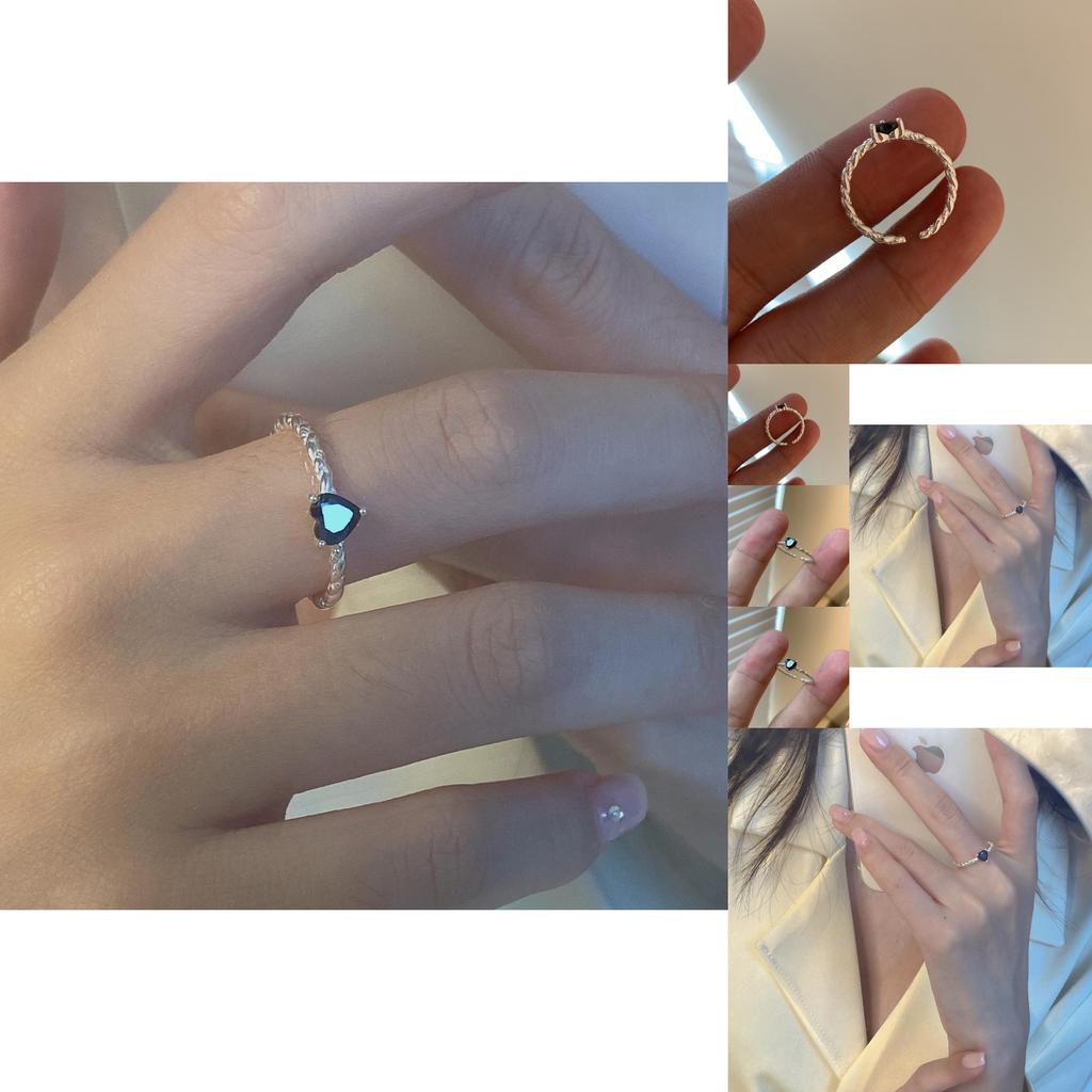 Elegant S925 Sterling Silver Heart-shaped Twisted Ring With Black Zirconia For Women