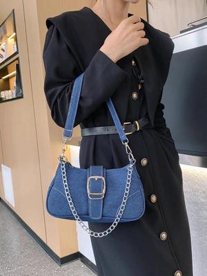 Chic Bolso Baguette de Lona Vaquera Europea y Americana - Bolso de Hombro Versátil con Cadena para Mujer