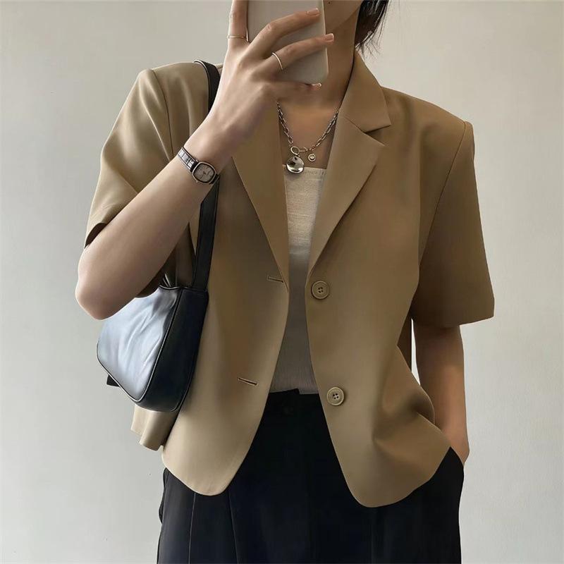 Women Cropped Short Sleeve Blazer Lapel Single Breasted Casual Office Suit Jacket Elegant Commuter Outerwear