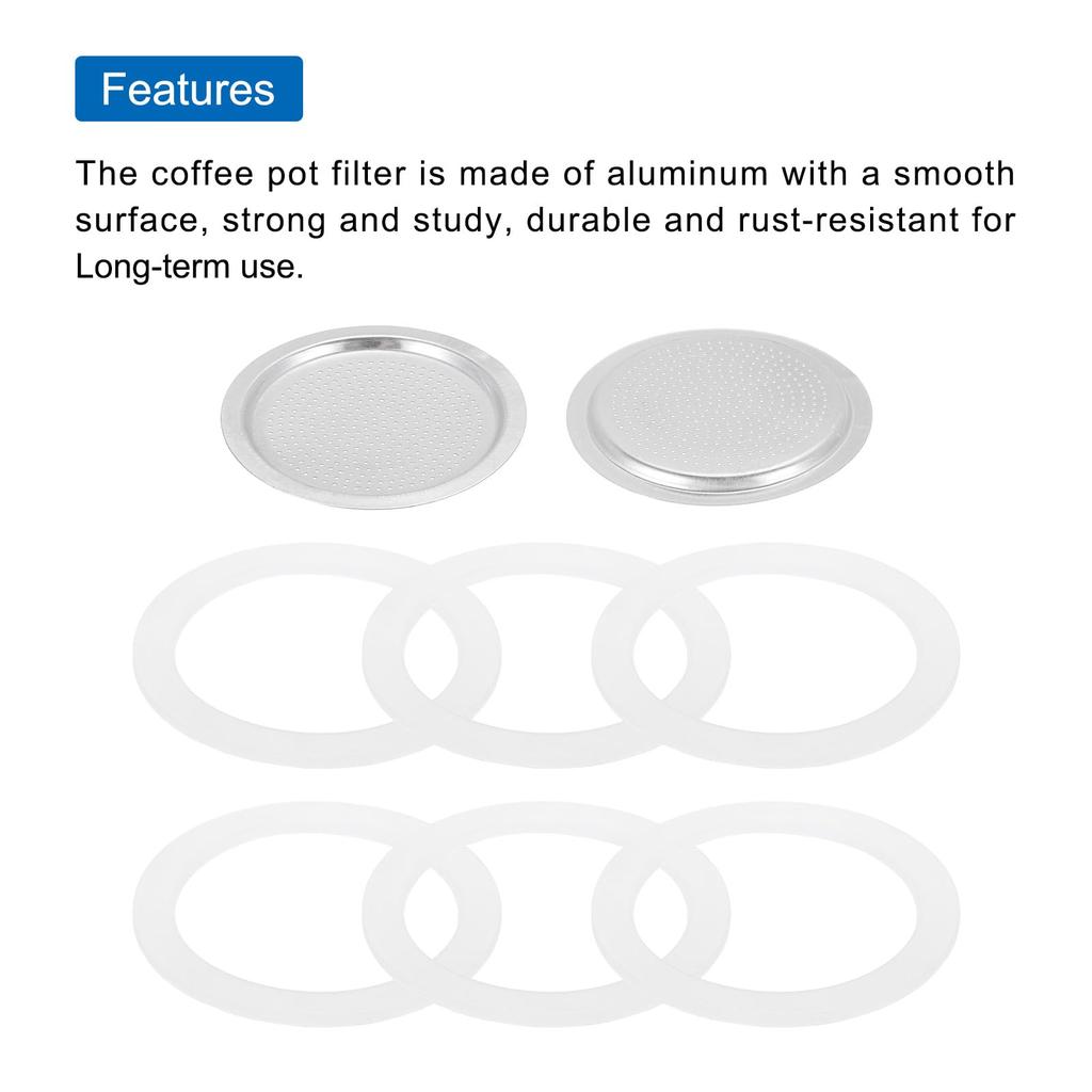 Uxcell Aluminum Coffee Pot Accessory for Stainless Steel Espresso Makers, Includes 1 Filter and 6 Silicone Gasket Seals, Size: 64x54x3mm, 6-Cup Moka