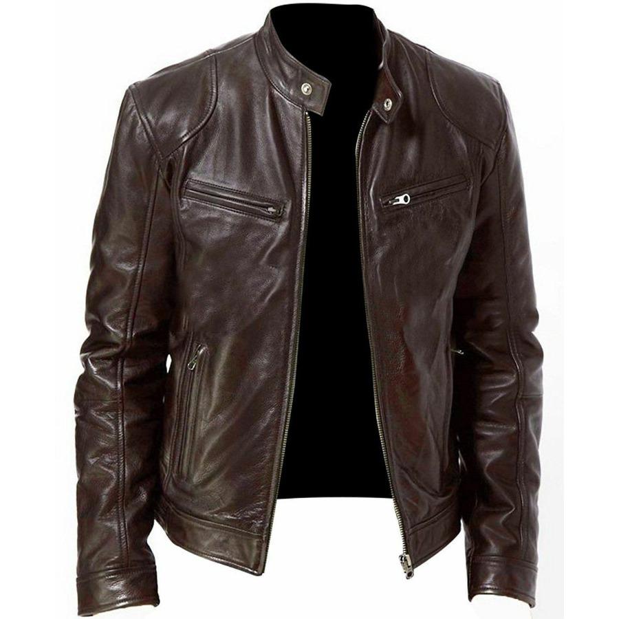 Men's Leather Jacket Standing Collar Biker Leather Jacket Jacket