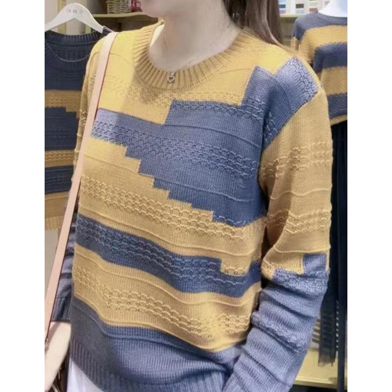 Autumn Winter Round Neck Patchwork Bottomed Sweater Women Loose Casual Vintage Knitting Pullover Top