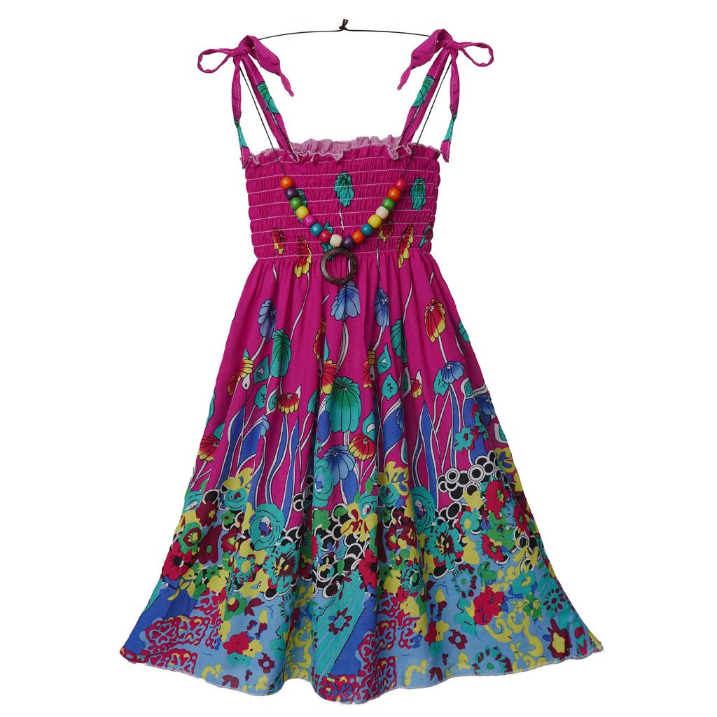 Girls Bohemian Beach Dress Off Shoulder Floral Sleeveless Rainbow Straps Suspender Dress with Necklace Summer Outfit