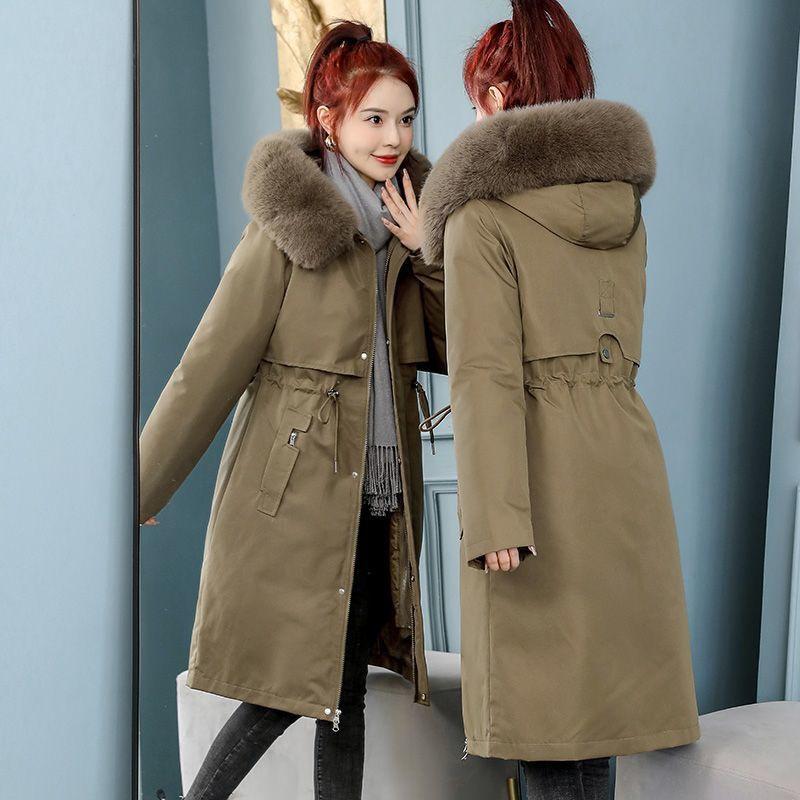 Removable Lining Plus Velvet Parka Women's New Winter Korean Style Mid-length Loose Thickened Cotton Jacket