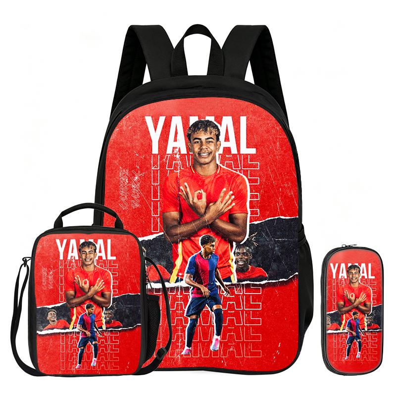 Football Sport Backpack with Lunch Bag Pencil Bags 3Pcs Set L-Lamin Yamal School Backpack Bookbag Football Star Knapsack