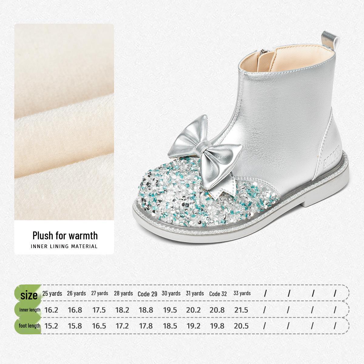 

Snuffy Girls Crystal Leather Boots: Elsa Princess Velvet Short Winter 2025 25