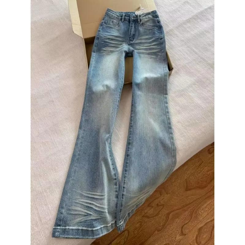 Women's Light Blue Washed Flare Jeans Low Waist Slim Fit Elastic Denim Pants