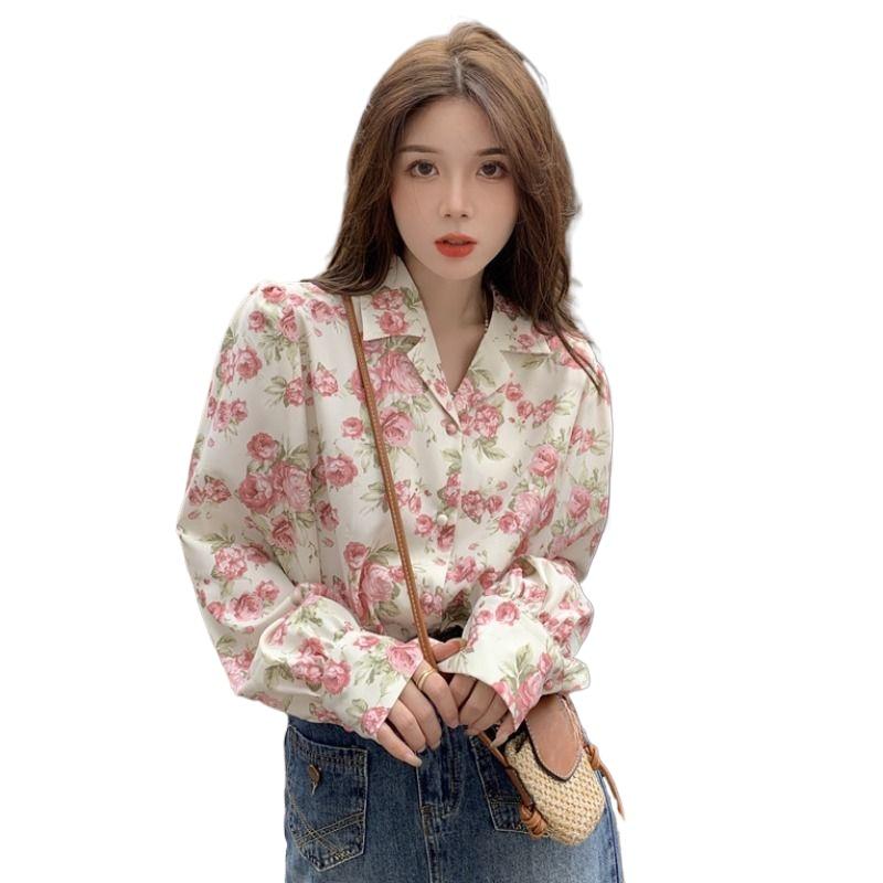 Koszula damska w stylu francuskim z klapami i kwiatowym wzorem, modna koszula damska ze słodkim nadrukiem róż, luźna, zapinana na jeden guzik, bluzki damskie