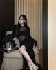 Spring Mesh Splice Long Sleeve Dress - Sexy Hip-Length Slit Skirt