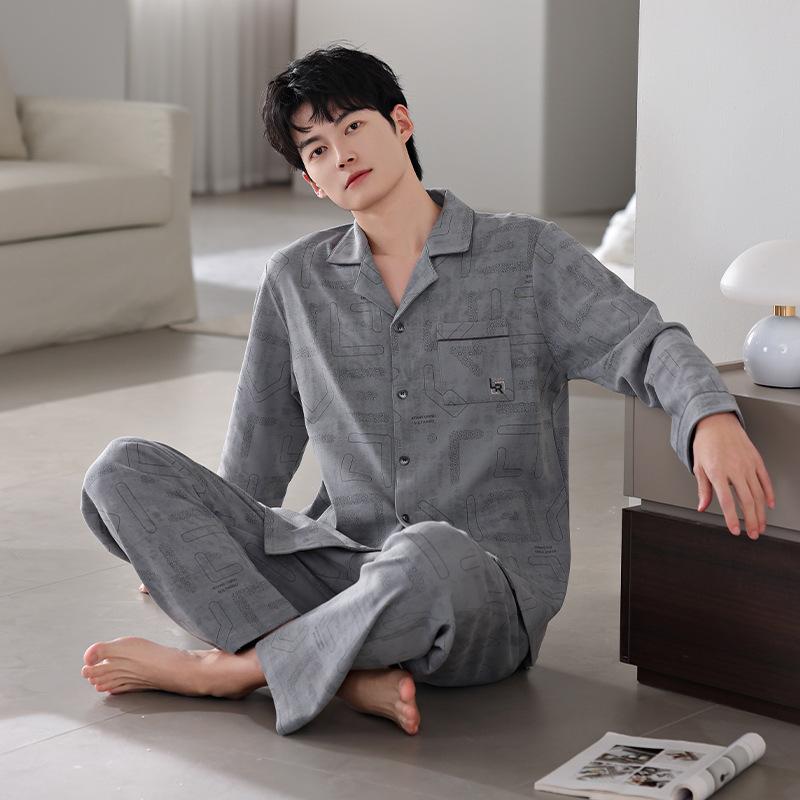 Men'S Pajamas Men'S Spring And Autumn Models, Pure Cotton Long-Sleeved Men'S Autumn Cotton Loungewear Set