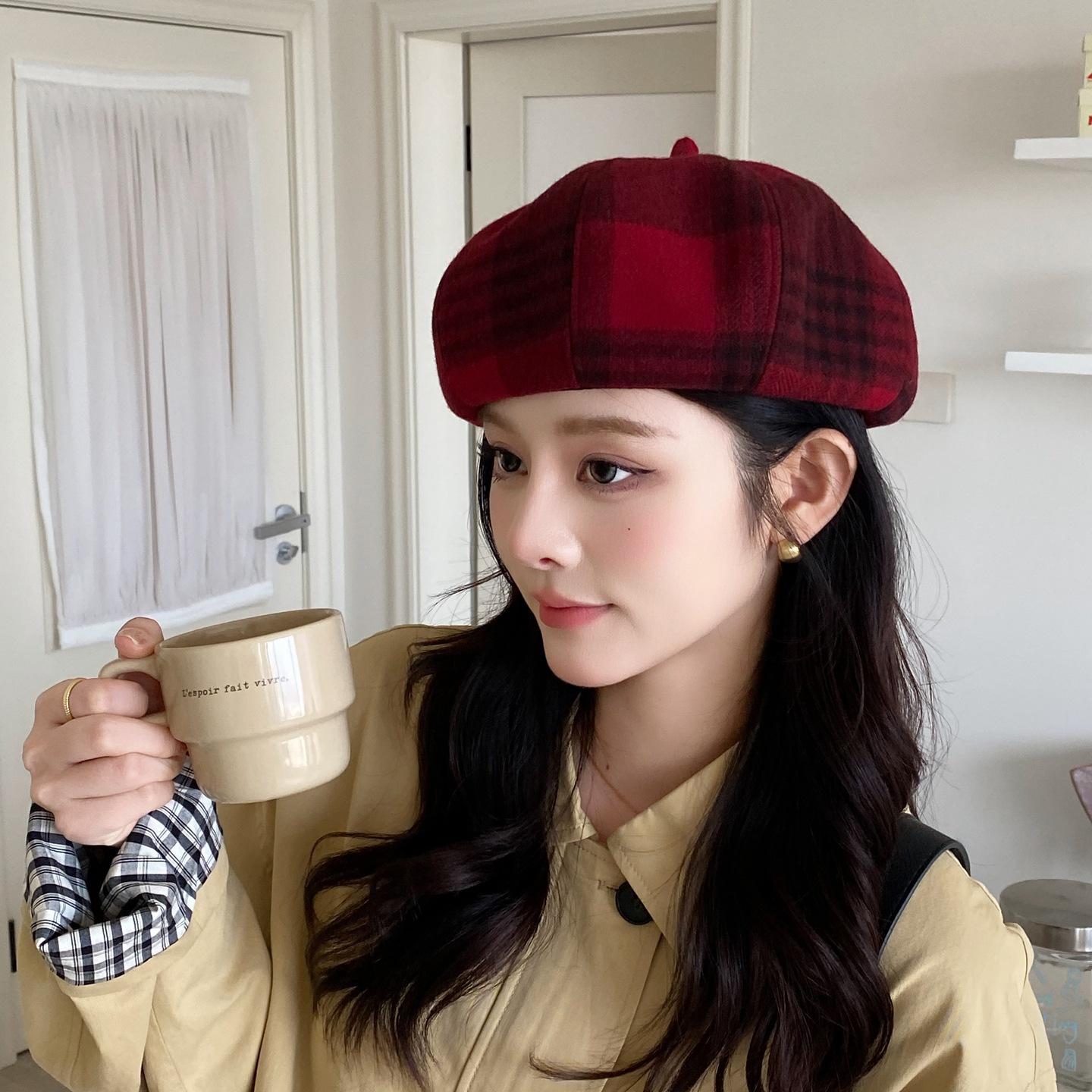 

Новый британский ретро берет в клетку, женская осенне-зимняя модная универсальная шляпа художника, подчеркивающая лицо, маленькая восьмиугольная шляпа M（56-58cm）