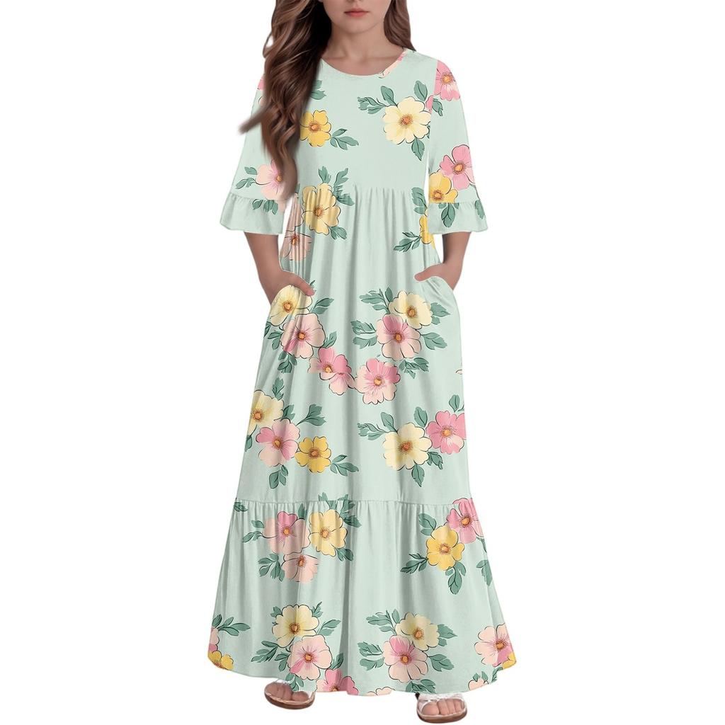 Girls' Tiered Ruffle Dress - 3/4 Sleeve Pocket Maxi With Pockets