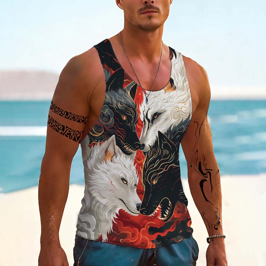 Modische Herren-Tanktops mit Wolfsmuster, Sommer, Atmungsaktiv, Streetwear, Sportweste, Ärmellos, Tier-Mann-Kleidung