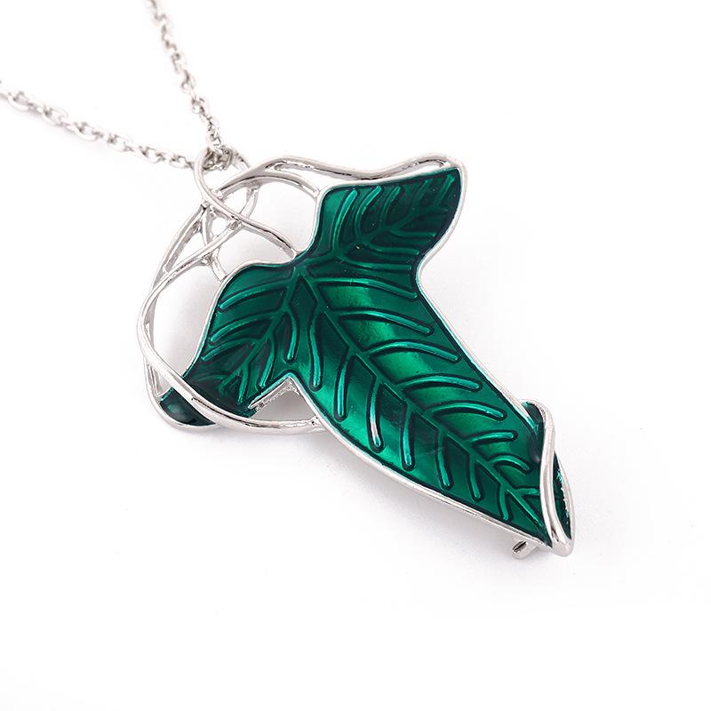 Europejsko-Amerykański Filmowy Zestaw Broszka-Naszyjnik i Kolczyki z Liściem - W Stylu Elfickim Władcy Pierścieni