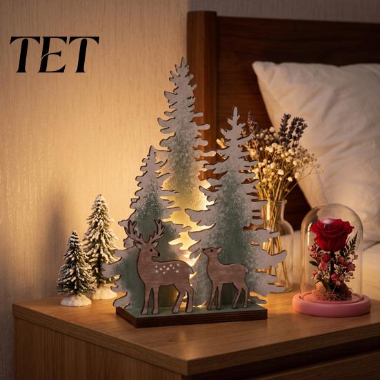 LED Lighted Xmas Tree Wooden Christmas Table Decor with Light, Rustic Standing Sign Holiday Decoration Reindeer Santa Claus for Tiered Tray,