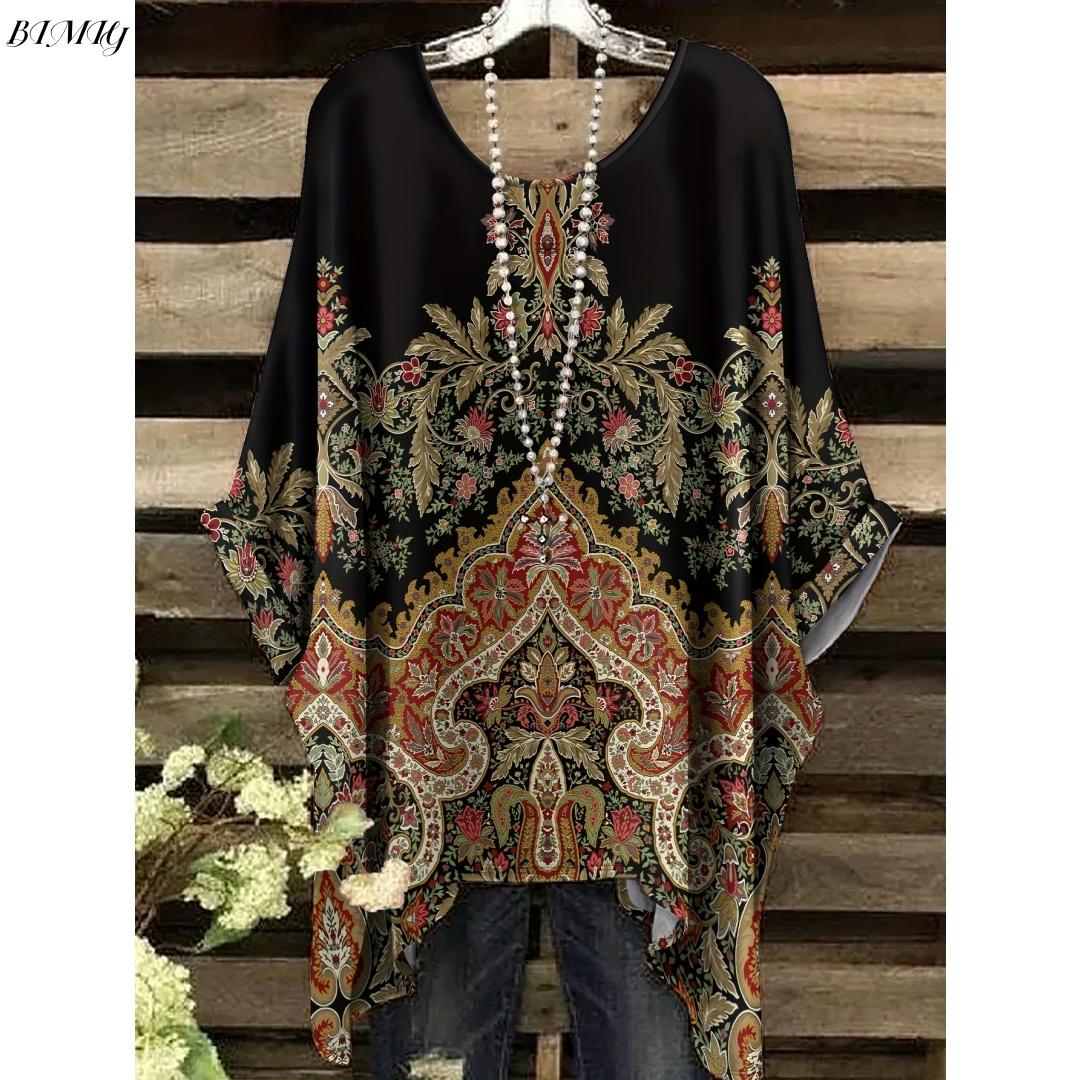 

Summer Fashion Product Round Neck Retro Ethnic Style Pattern Casual and Comfortable Swallowtail Women s Short-Sleeved T-Shirt 5XL