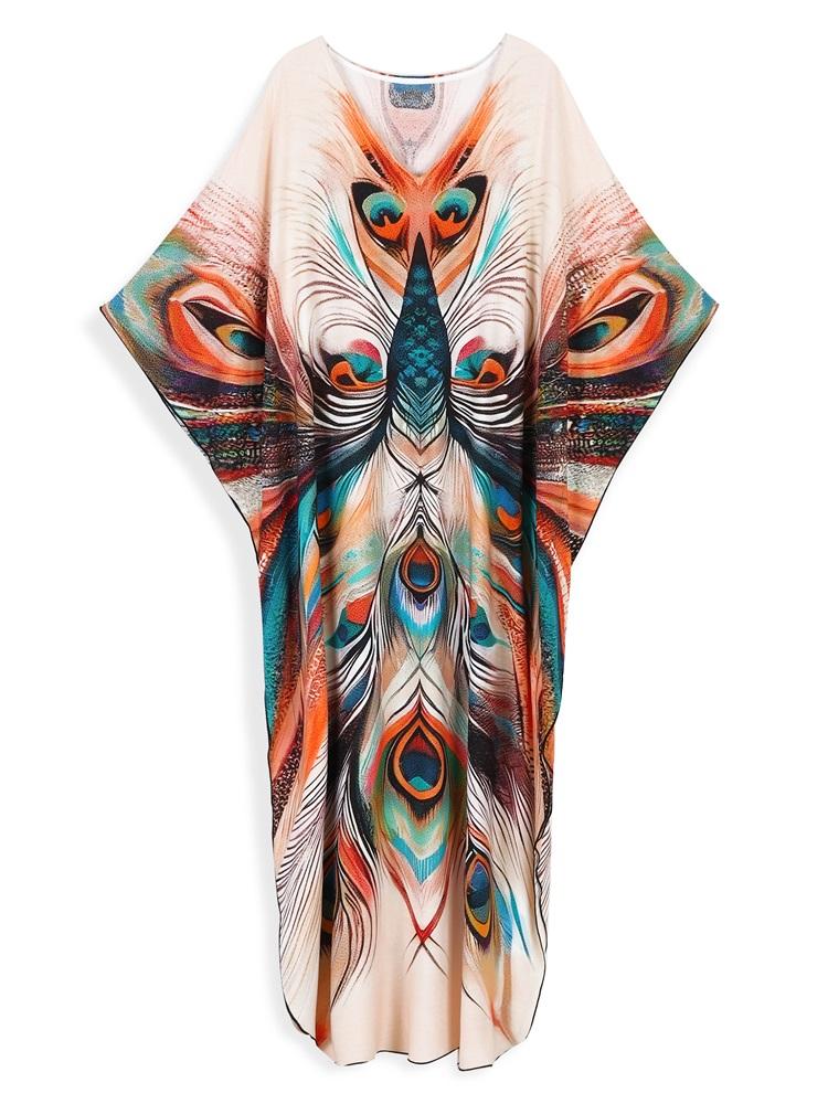 EDOLYNSA Boho Chic Tištěný Volný Kaftan 2024 Léto Dlouhé Šaty Dámské Plážové Oblečení Krytí Plavek Dovolená Ležérní Župan Q1638