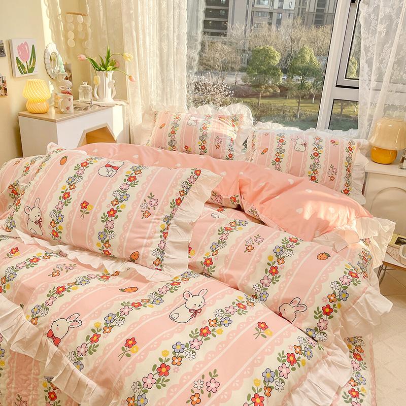 Botanical Floral and Cartoon Rabbit Duvet Cover 3pcs Kawaii Pink Bedding Set For Girl Teen 100% Cotton Farmhouse Comforter Cover