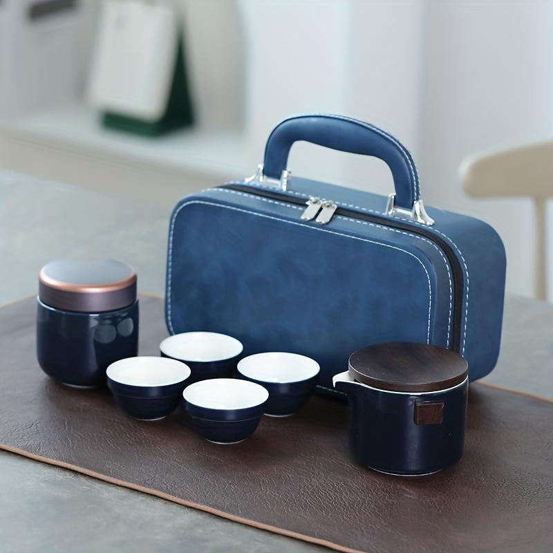 1 Set Reise Tee-Set Porzellan Tee-Set Kungfu Tee-Sets Mit 1 Teekanne (mit Sieb) 4 Teetassen Teekanister Aufbewahrungstasche Alles in einem Geschenk für Picknick O