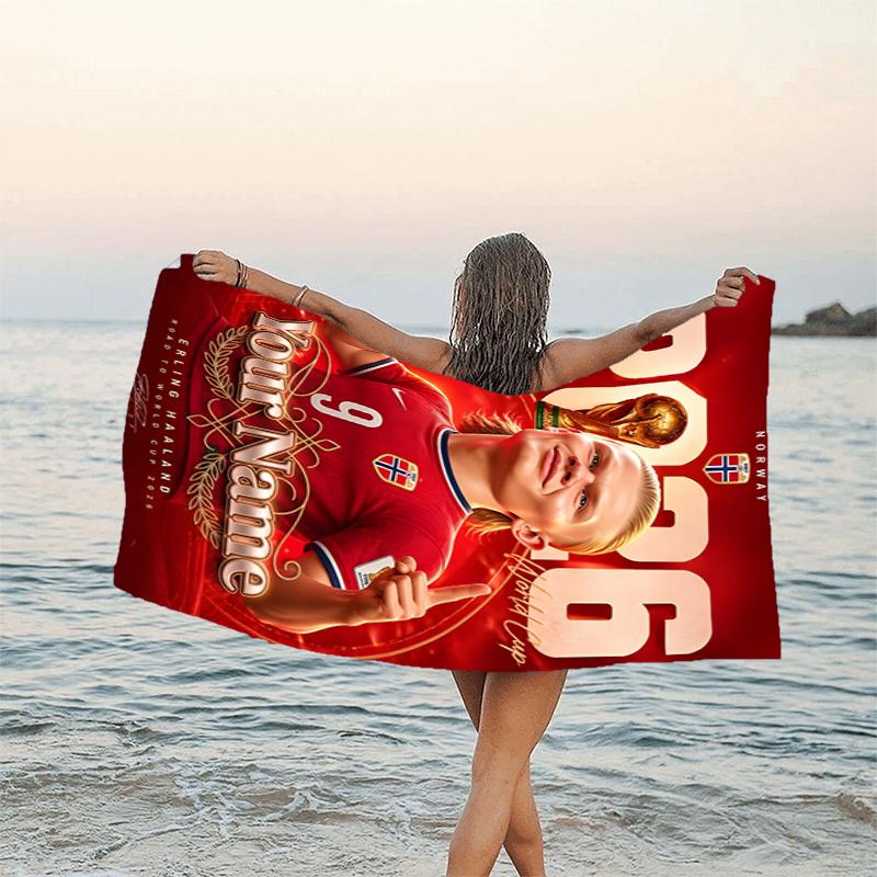 1pc Haaland Beach Towel with Custom Name, Beach and Seaside Swimming Pool Equipment, Fashion Pattern, Rectangular, Travel Essential
