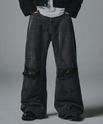 NOT4NERD Camo Double Knee Flare Fit Denim Pants - Black