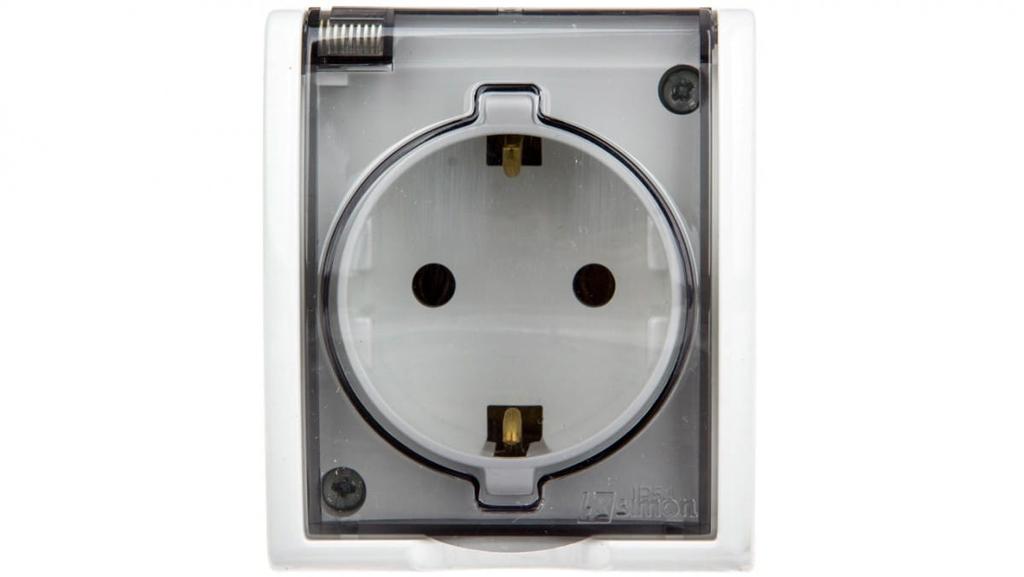 Simon Aquarius Single Hermetic Socket Z/U Schuko Ip54 With Flap Smoke White Aqgsz1/11A