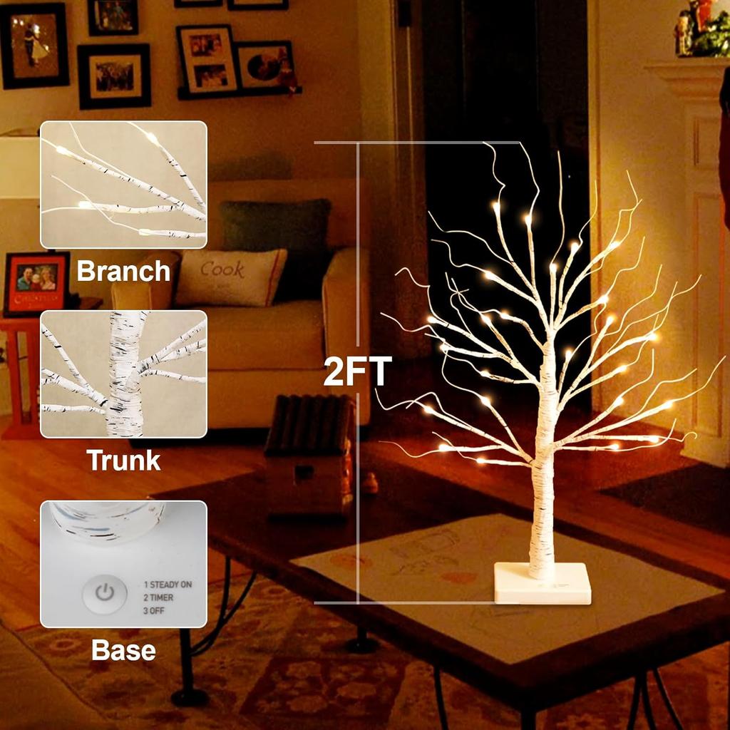 White Birch Tree with LED Lights, Lighted Birch Tree for Tabletop, USB/Battery Operated 24 LED Warm White Tree, 2FT Mini Christmas Tree Decor for