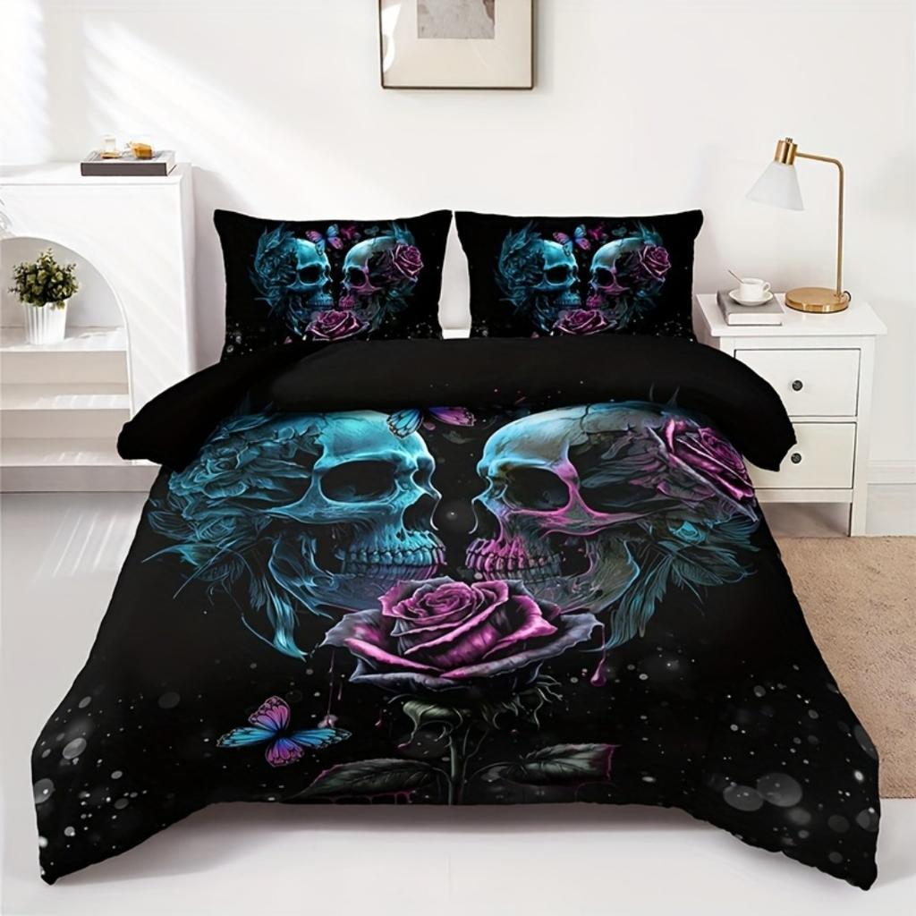 3pcs Dark Rose Skull 3D Printed Bedding Set Comfortable Duvet Cover King Queen Twin Single Size Bithday Gift Room Decoration