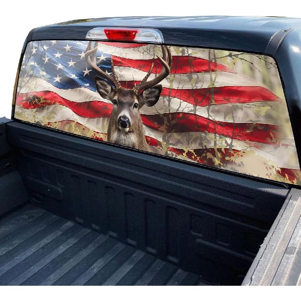 American Flag Truck Rear Window Decals - Deer Perforated Vinyl See-Through Stickers, Gifts For Men, Dad, Boyfriend, Truck Owners, Easy To Tall, UV