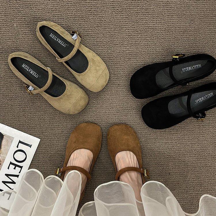 Fashion Single buckle strap flat bottom shallow mouth Mary Jane single shoes new French retro leather shoes brushed scoop shoes
