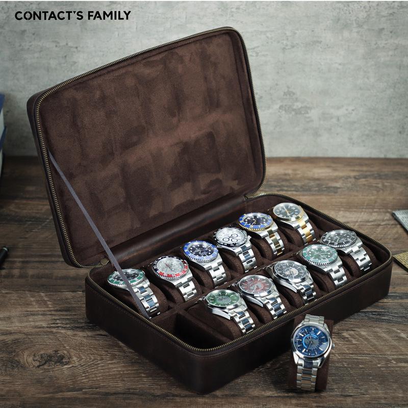 Handmade Crazy Horse Leather 12-Slot Watch Storage Box