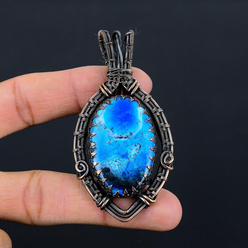 Blue Dendrit Opal Gemstone Pur cupru sârmă înfășurate handmade pandantiv bijuterii